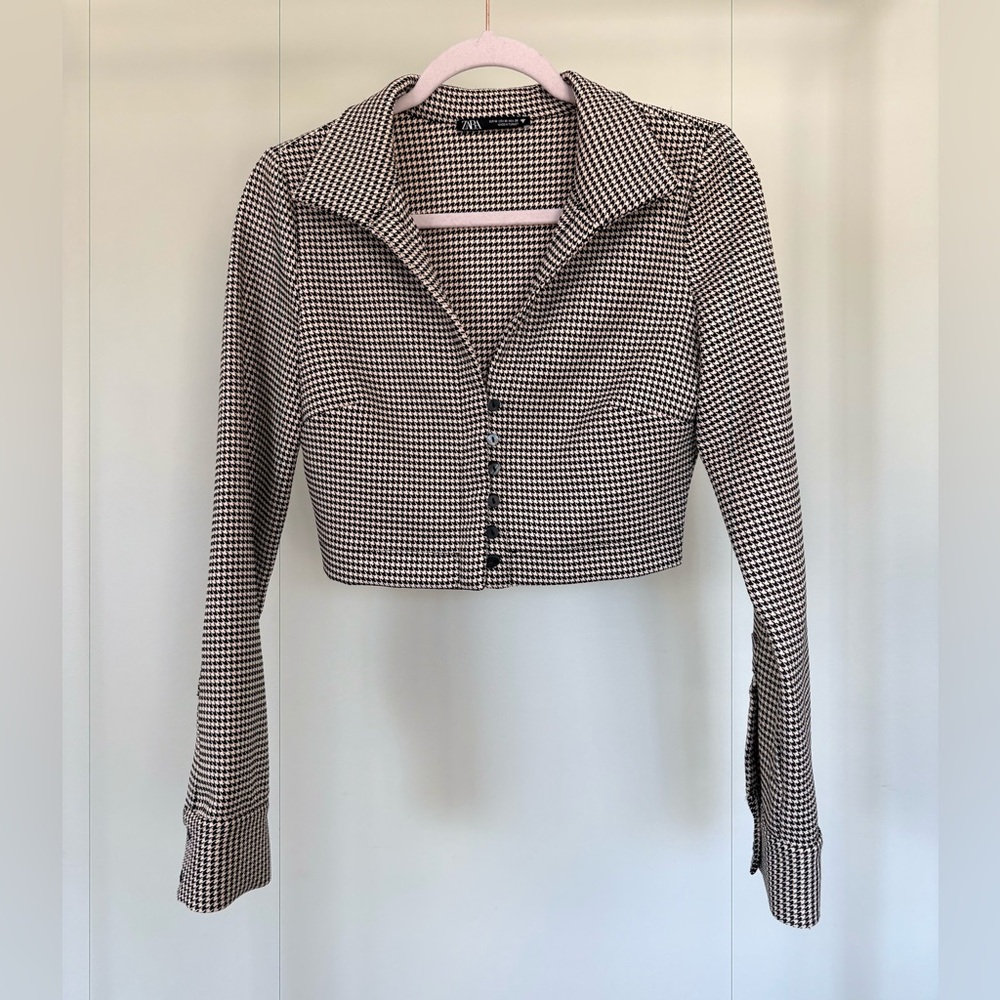 Zara Black and White Houndstooth Button Down Blazer Top